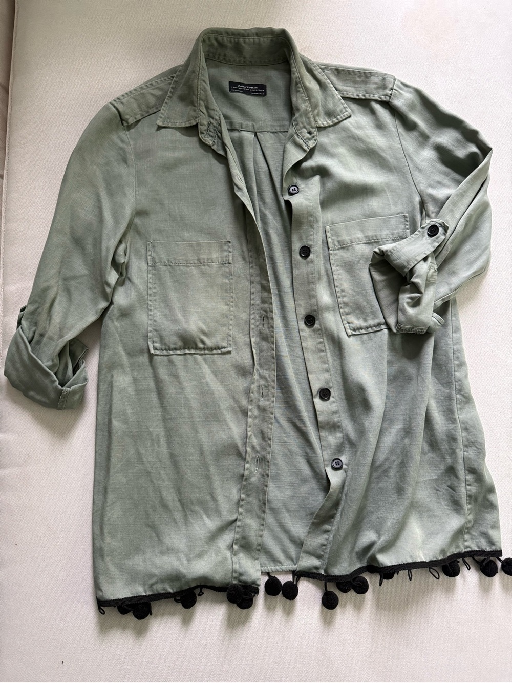 Zara Olive Button-Up Shirt Jacket with Pom Trim